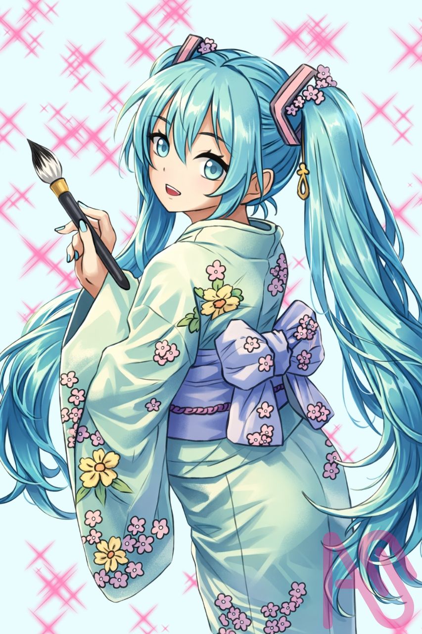 あけおめことよろ Illust of はちみつれもん＠まじで好きな人いる 描いてみた hatsunemiku VOCALOID pink 水色 kawaii green お正月 お正月のイラスト Project_Sekai