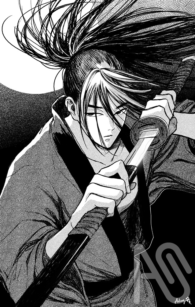 清風くんのモノクロバージョンを作ってみた Illust of anliang 日本刀 moon male samurai 清風