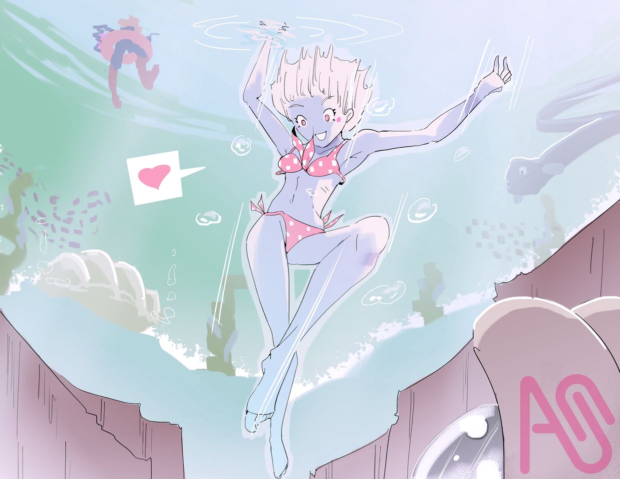 A Pupil’s Summer Illust of Golden Aries girl summer blonde digital oc underwater sea water swimsuit dissonant