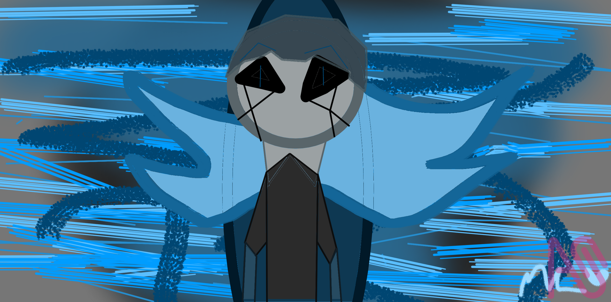 Prince Irainrah behind his aura. Illust of Envee blue monster Twisted exe techwear angelcore invidodemark princeirainrah