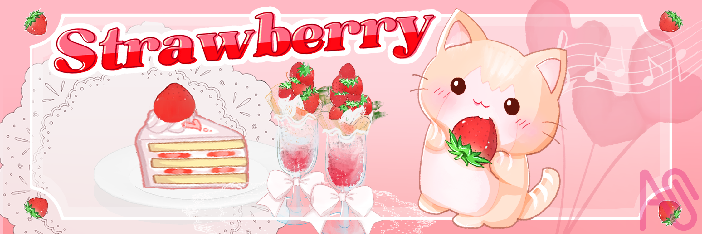 いちごともっちゃん Illust of あちこ ゆるキャラ cat pink レース パフェ パーティー strawberry イチゴショートケーキ もっちゃん 猫餅