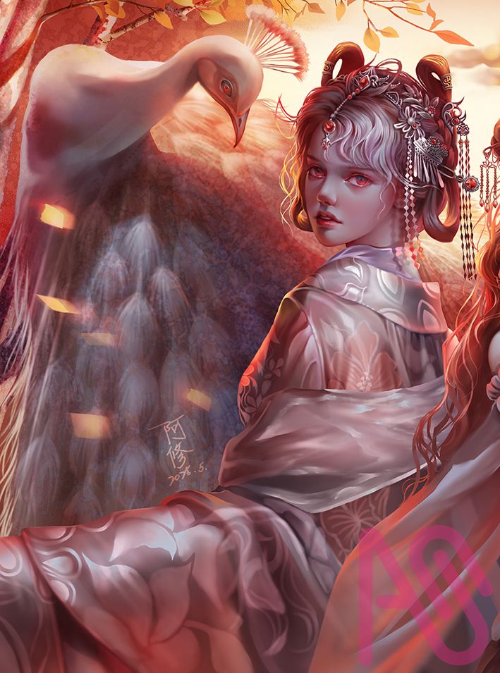 夕陽下的白孔雀 Illust of dreamingfire girl 夕陽 奇幻 精靈 孔雀