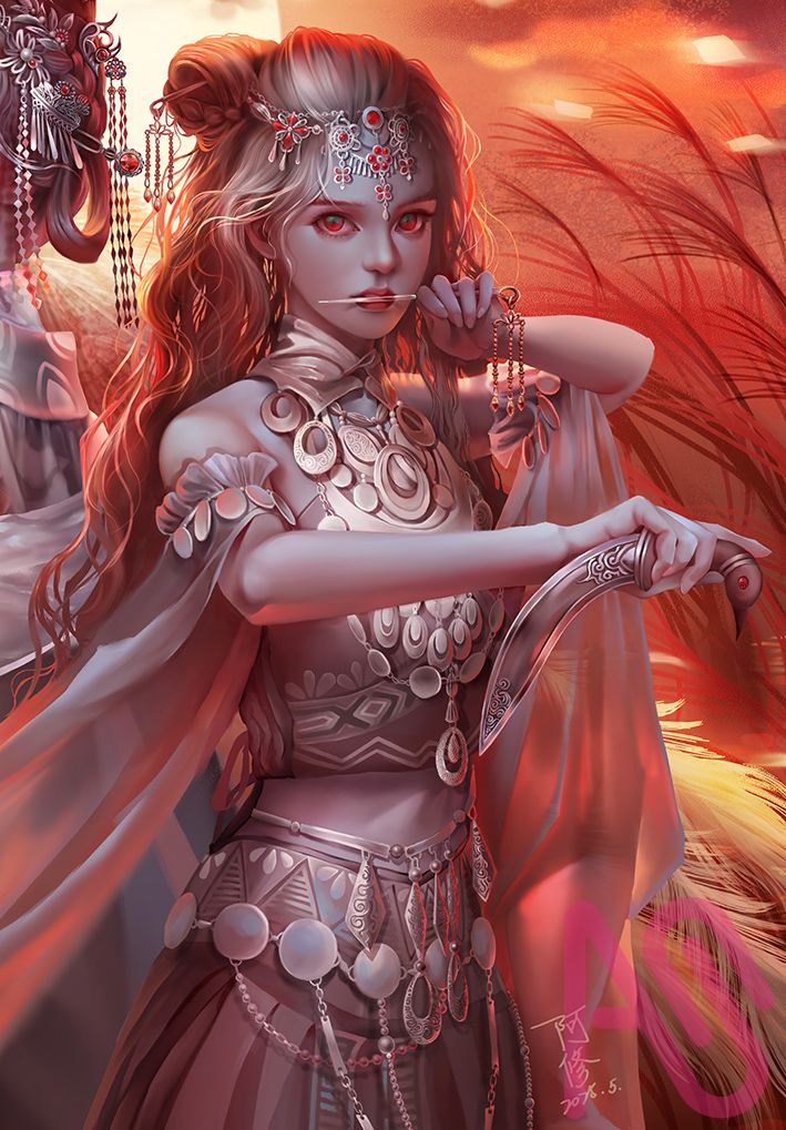 夕陽下的白孔雀 Illust of dreamingfire girl 夕陽 奇幻 精靈 孔雀