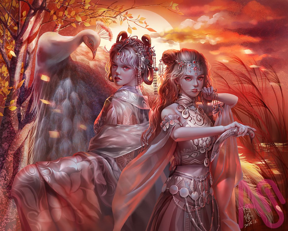 夕陽下的白孔雀 Illust of dreamingfire girl 夕陽 奇幻 精靈 孔雀