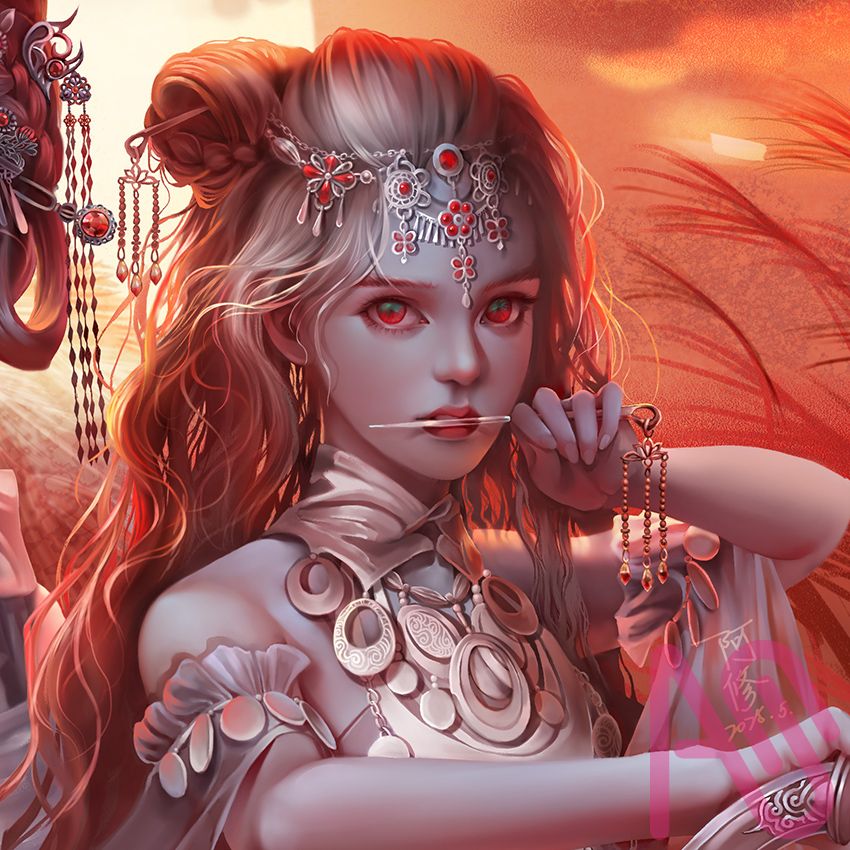 夕陽下的白孔雀 Illust of dreamingfire girl 夕陽 奇幻 精靈 孔雀