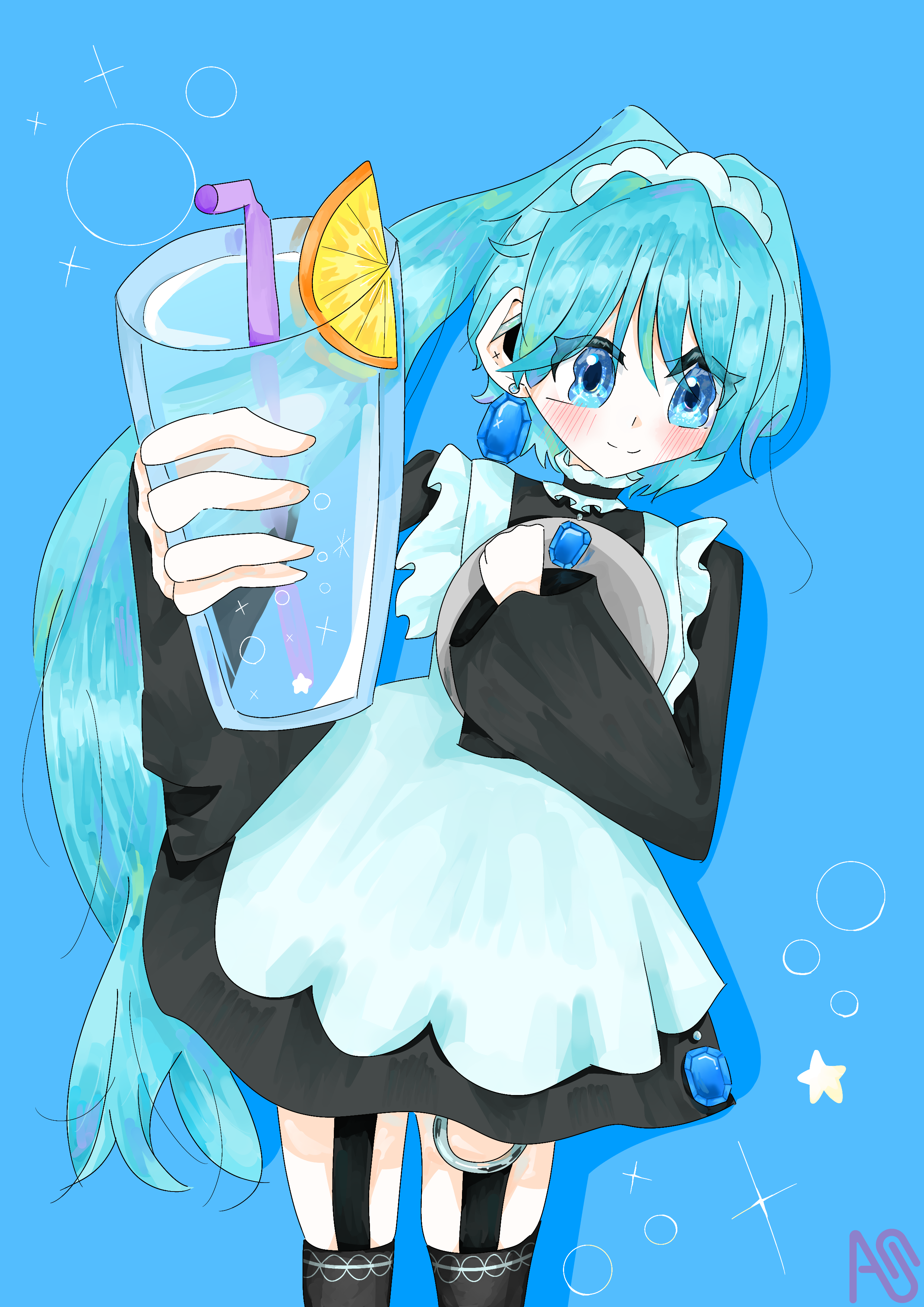 手描きイラスト オリジナル【にゃんこメイド＊水色桃色】 Yahoo!オークション - 同人手描きイラスト オリジナル・水色天使
