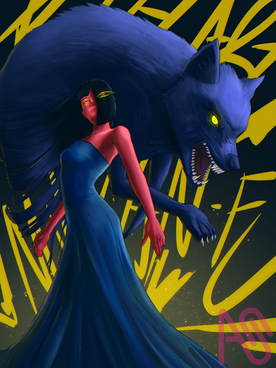 Dtiys challenge from mulan fu Illust of RJH Art girl dark dog blue wolf woman red lighting
