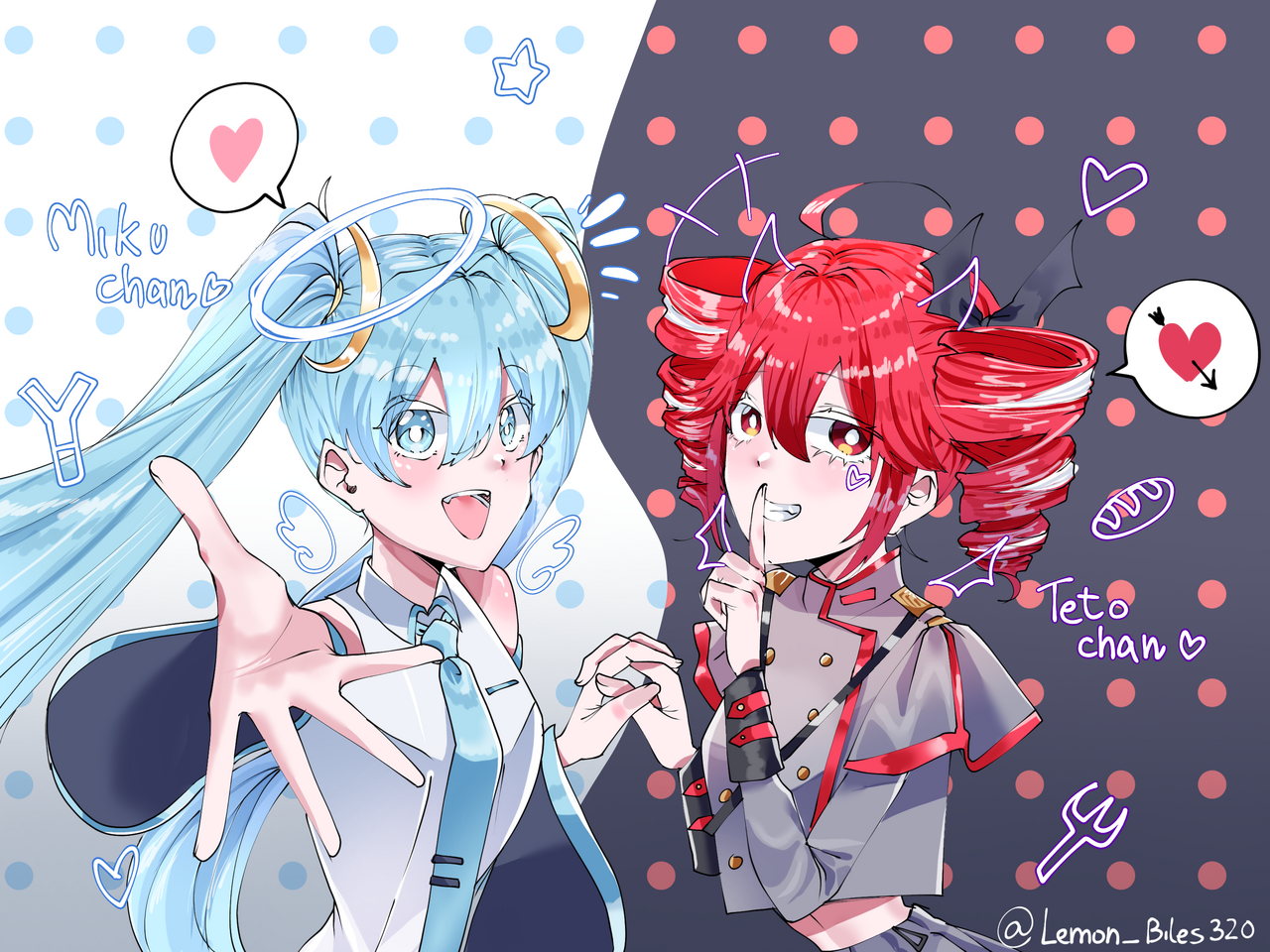 ミクxテト Illust of Biles fanfic hatsunemiku VOCALOID kawaii 重音テト 重音テトSV angel demon cute devil