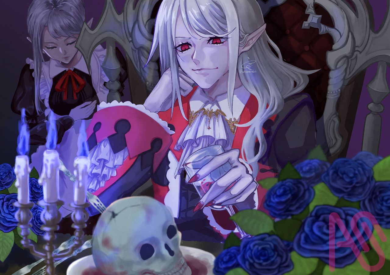 ハロウィンイラストになるはずだったもの Illust of うつメ 人外 赤目 original rose male 銀髪 vampire Halloween longhair