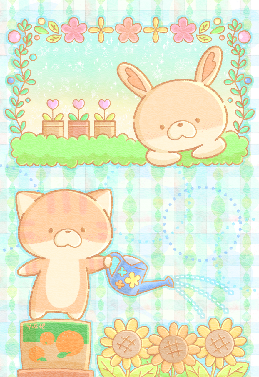 はなやさん Illust of ちお cat rabbit medibangpaint 花屋 ひまわり ふんわり ゆるかわ つぶらな瞳 ふっくらボディ