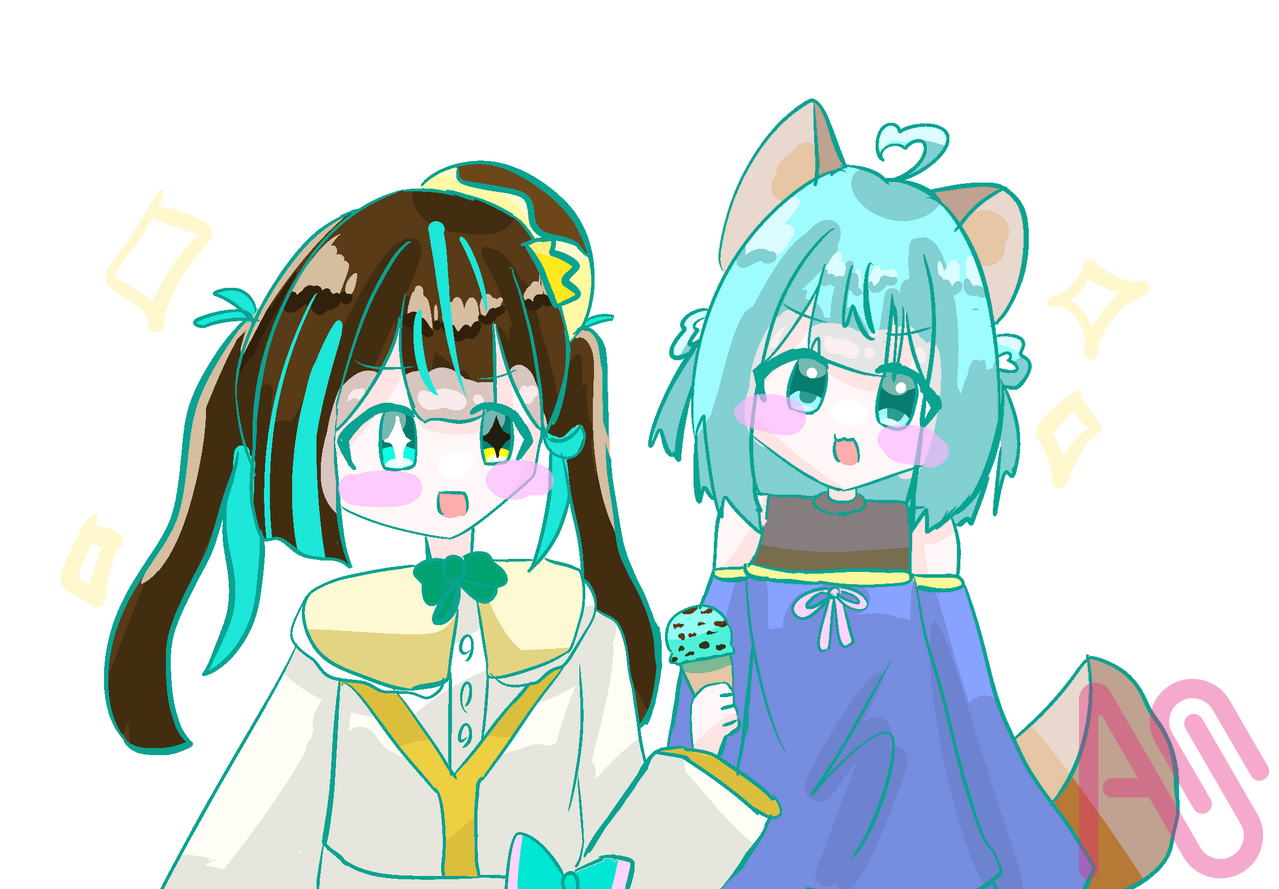 ツーショット第1弾！！ Illust of むいむぎ✌️😎✌️代選中‼️ ちょこみんとであーと🍫 三色アート 雪のおもち 雲の日光浴 サメっ子 あみゅ絵