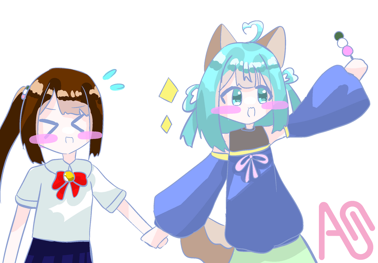 ツーショット第1弾！！ Illust of むいむぎ✌️😎✌️代選中‼️ ちょこみんとであーと🍫 三色アート 雪のおもち 雲の日光浴 サメっ子 あみゅ絵