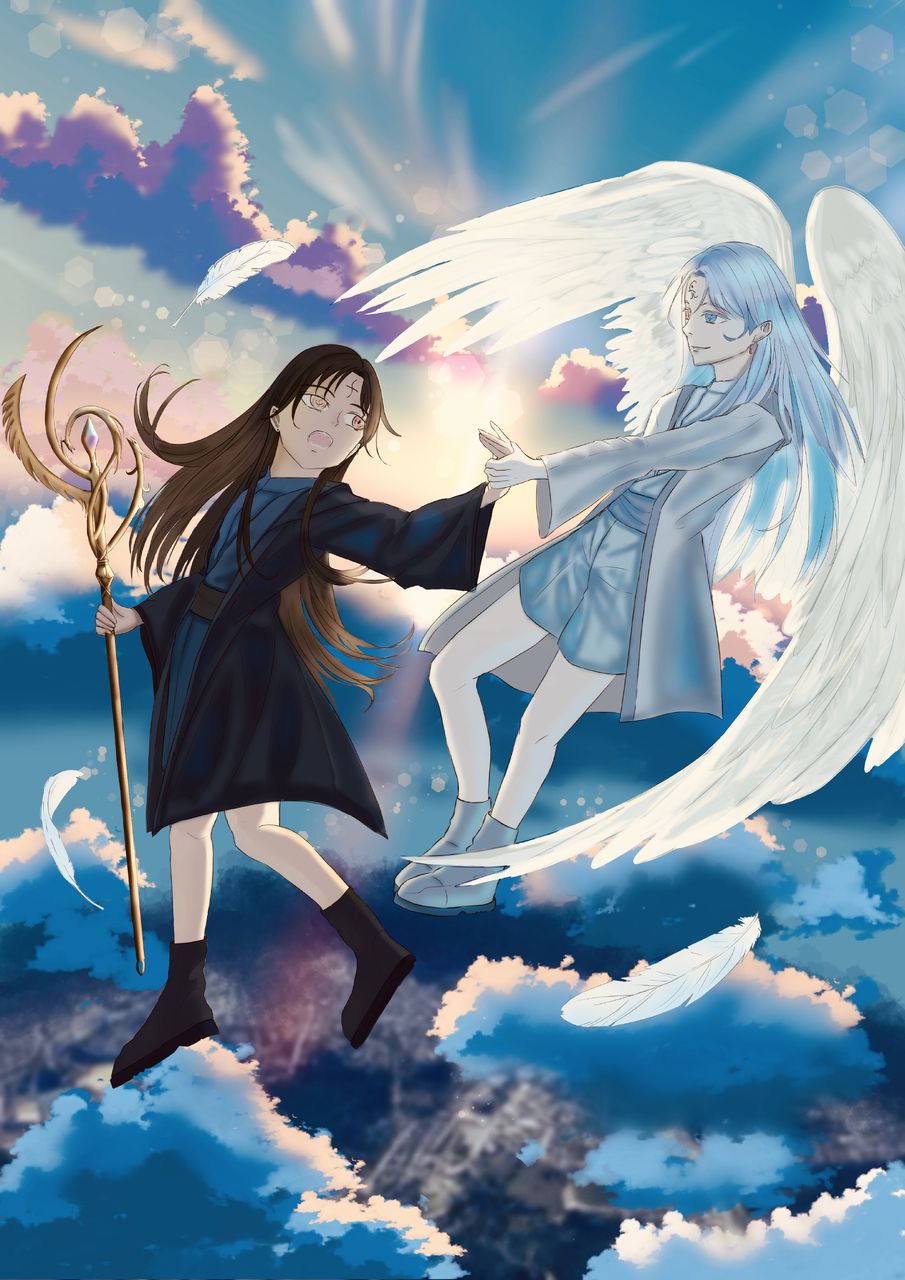 空！ Illust of Mikar original 光影練習 wings oc 夕陽 practice 正太 white_hair 光影 男生