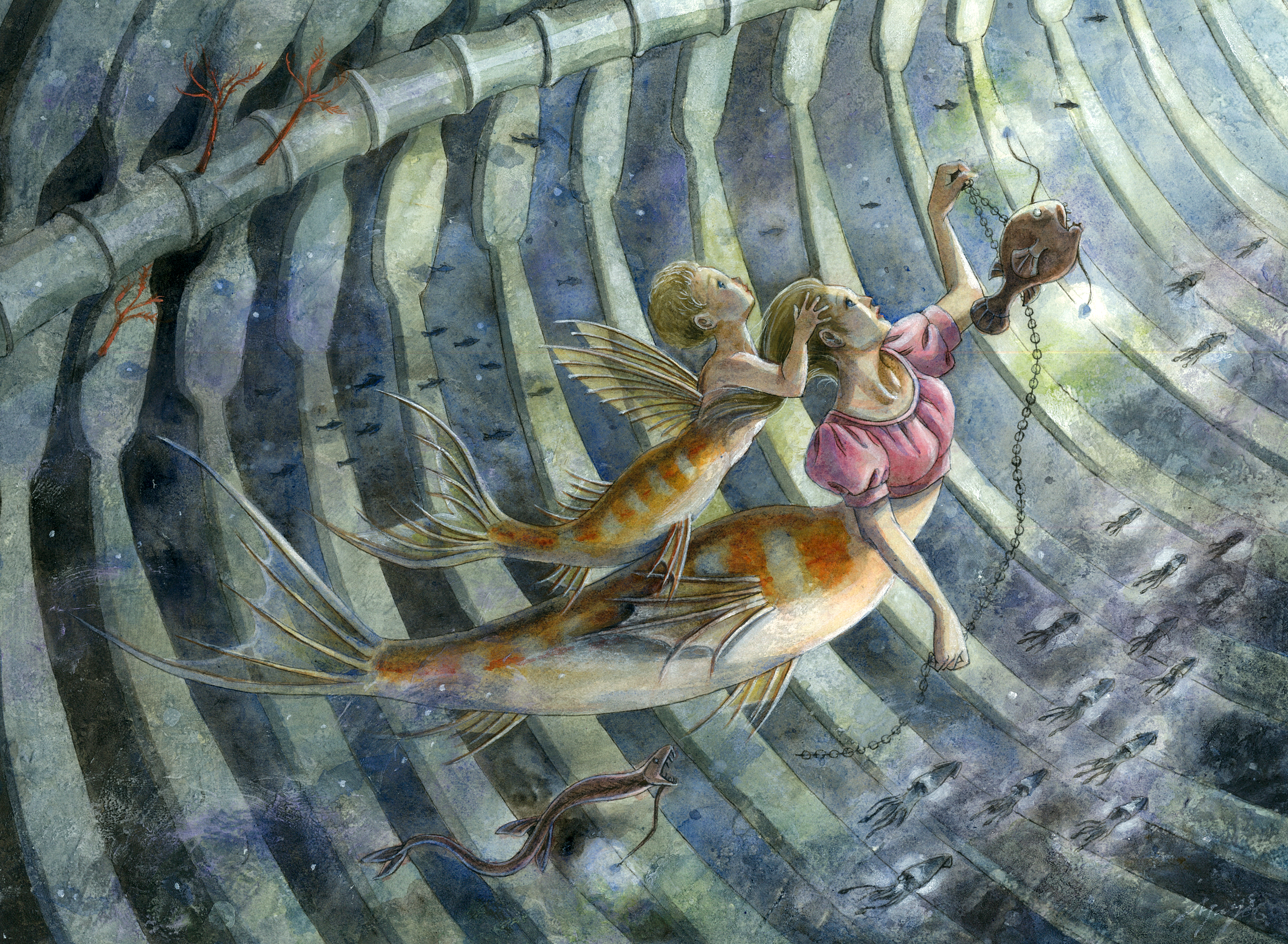 深海に沈んだ鯨の助骨絵画水彩画