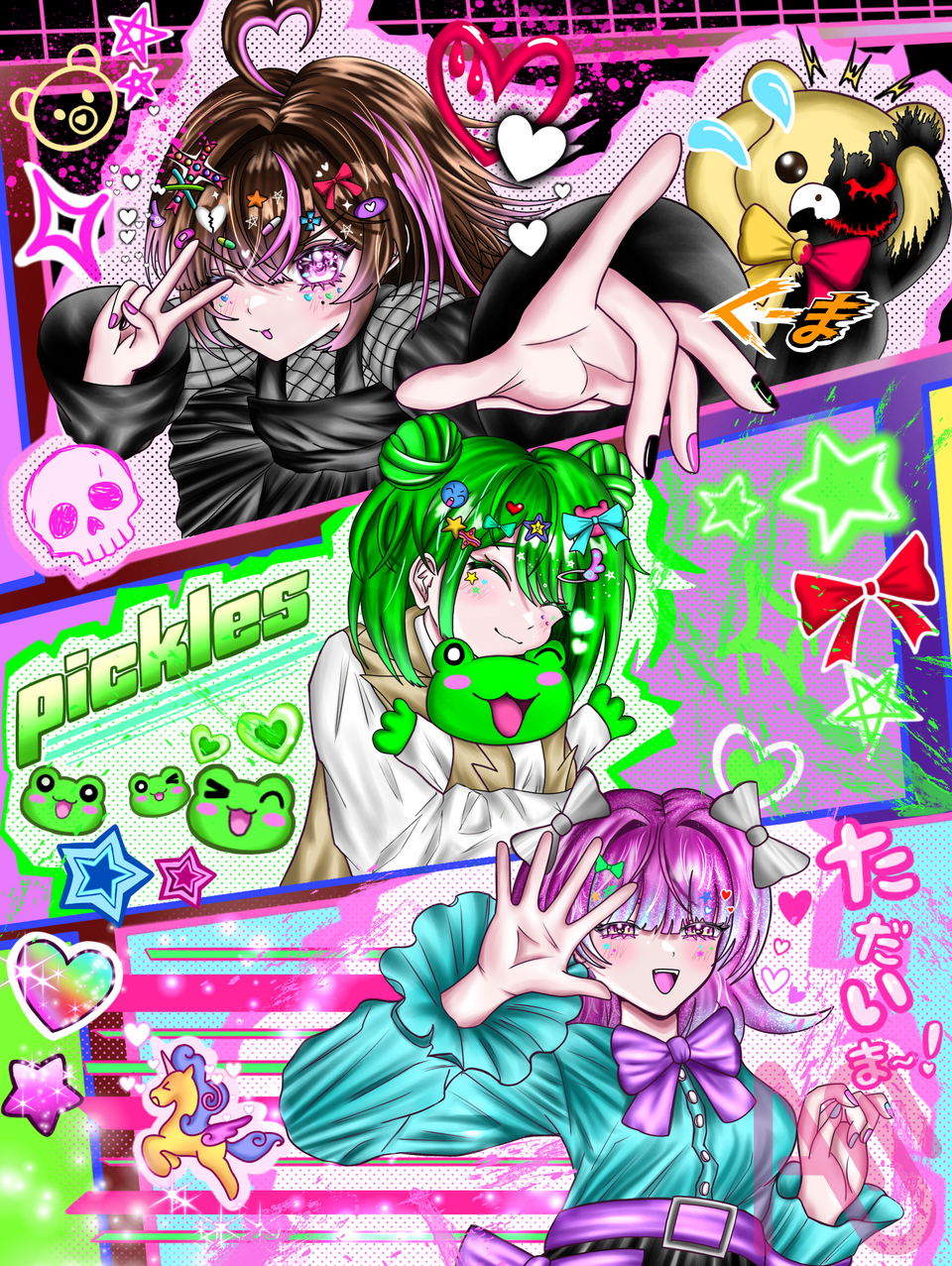みいみいちゃん！🖤🩷　ピクルスさん！💚💚　ていなさん！🤍🖤🩵🩷 Illust of もんちた9_2_0Monchita ᕦ(＾▽＾)ᕤ☆ girl illustration art cute medibangpaint oc kawaii ぴきた ピクルストリート よその子