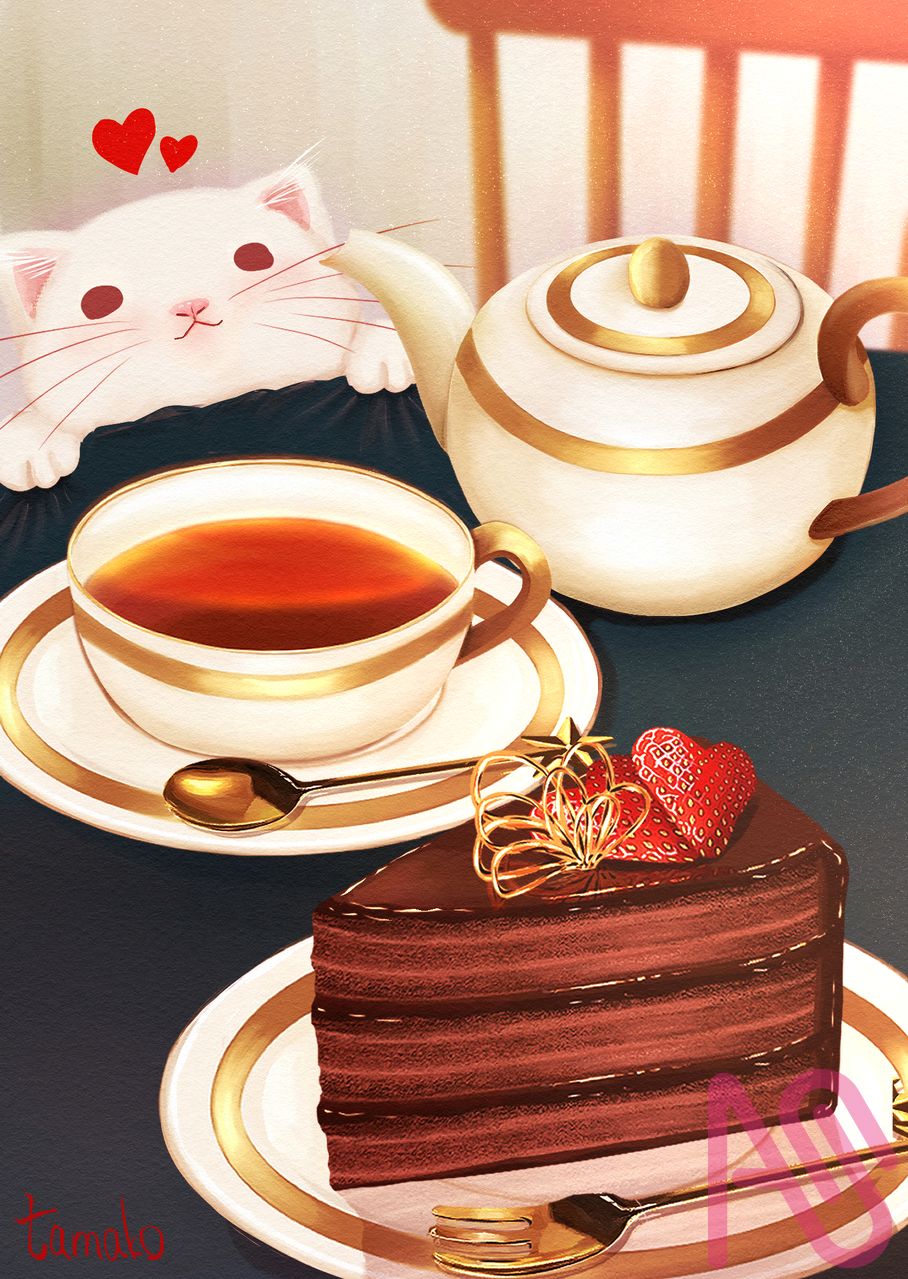 猫がケーキを狙ってる✨ Illust of たまこ cat cake 紅茶 ティーポット