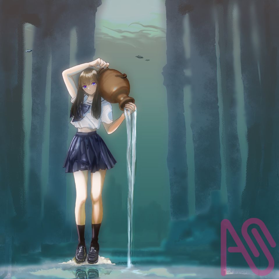 水中庭園の泉 Illust of アオキ girl ruins uniform art oc schoolgirl sailor_uniform SFファンタジー japanesegirl 名画オマージュ