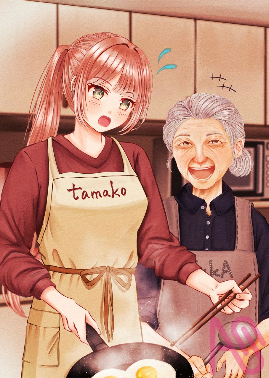 婆ちゃんは褒め上手 Illust of たまこ 料理 girl ponytail pinkhair 目玉焼き 婆ちゃん
