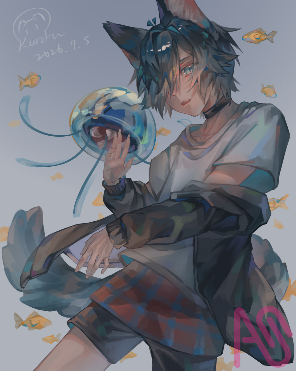 🐈‍⬛🪼 Illust of クロク cat cat_ears medibangpaint boy oc jellyfish 獸耳 characterdesign 繪型