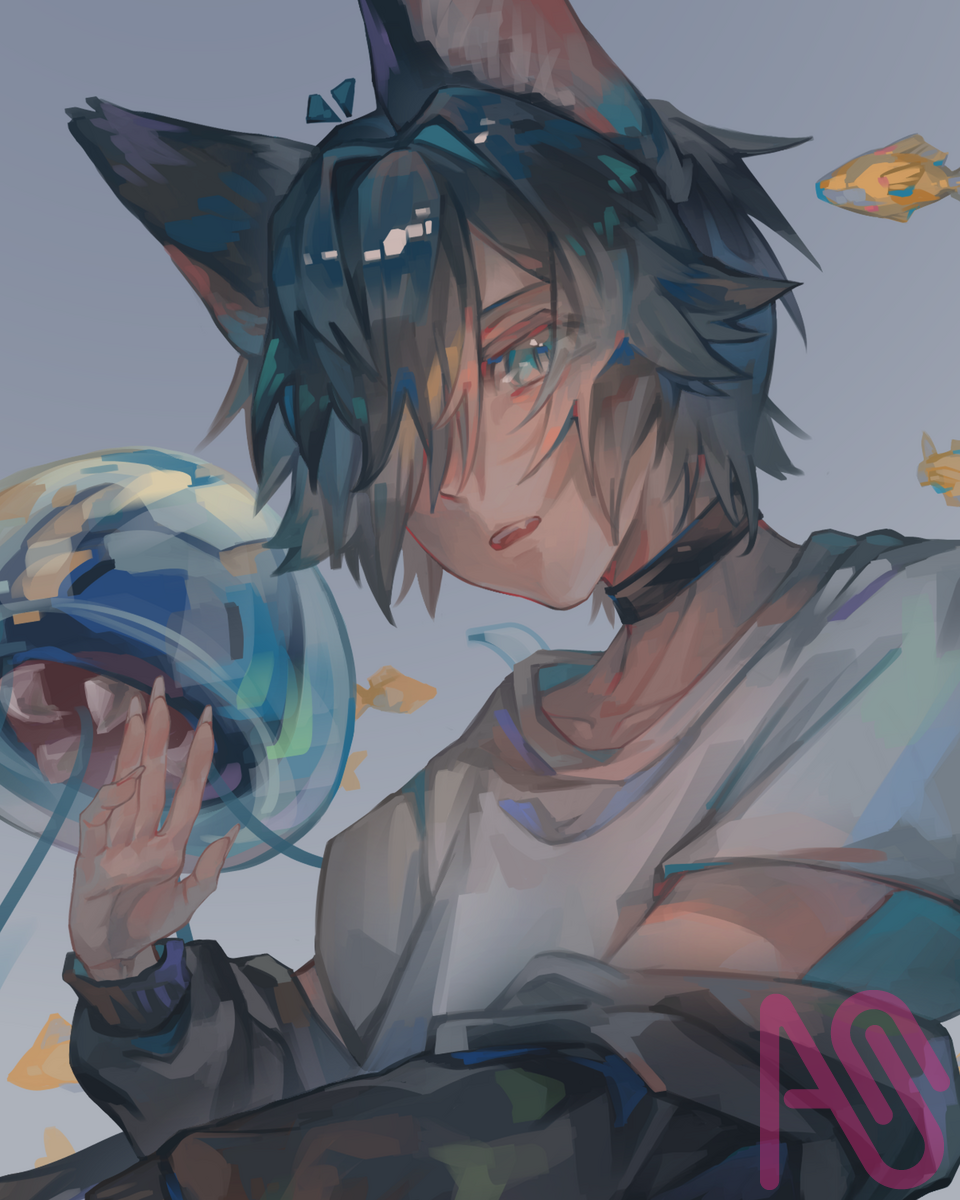 🐈‍⬛🪼 Illust of クロク cat cat_ears medibangpaint boy oc jellyfish 獸耳 characterdesign 繪型