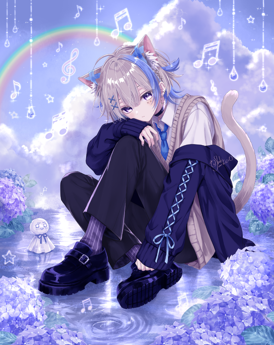Seven-note Illust of ichiiShiki blue illustration art digital boy rain background hydrangea 代理 あまねあーと