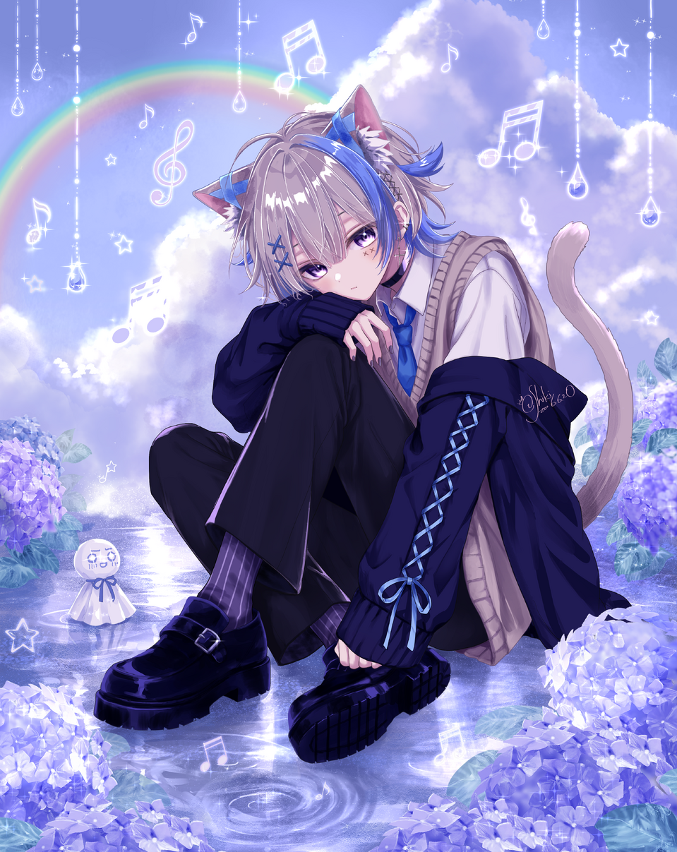 Seven-note Illust of ichiiShiki blue illustration art digital boy rain background hydrangea 代理 あまねあーと