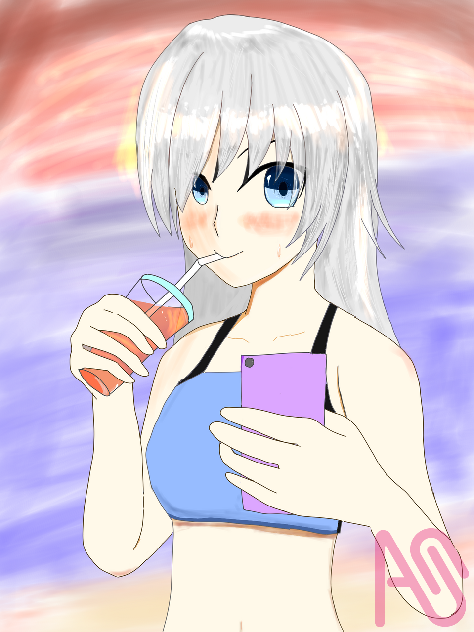 夕焼けと海 Illust of ぱるぷ girl oc 銀髪 闇月サキ