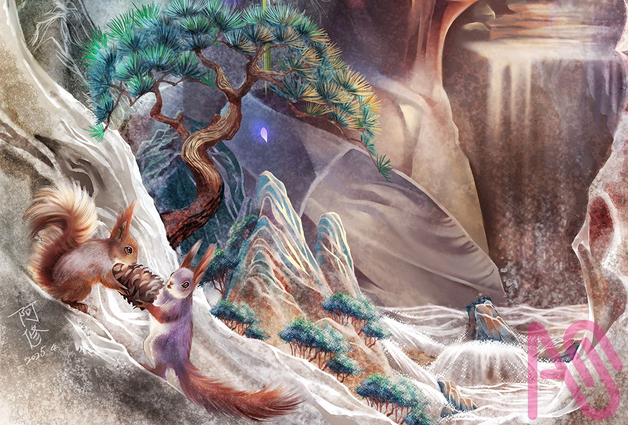 松鼠的獻花 Illust of dreamingfire flower 奇幻 婦人 松鼠 松樹 年長