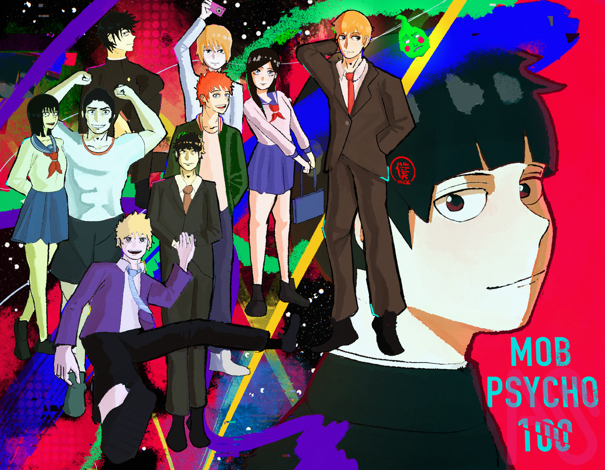 Mob psycho 100 モブサイコ100 Illust of maxplusart fanart blue drawing art anime yellow red green MobPsycho100