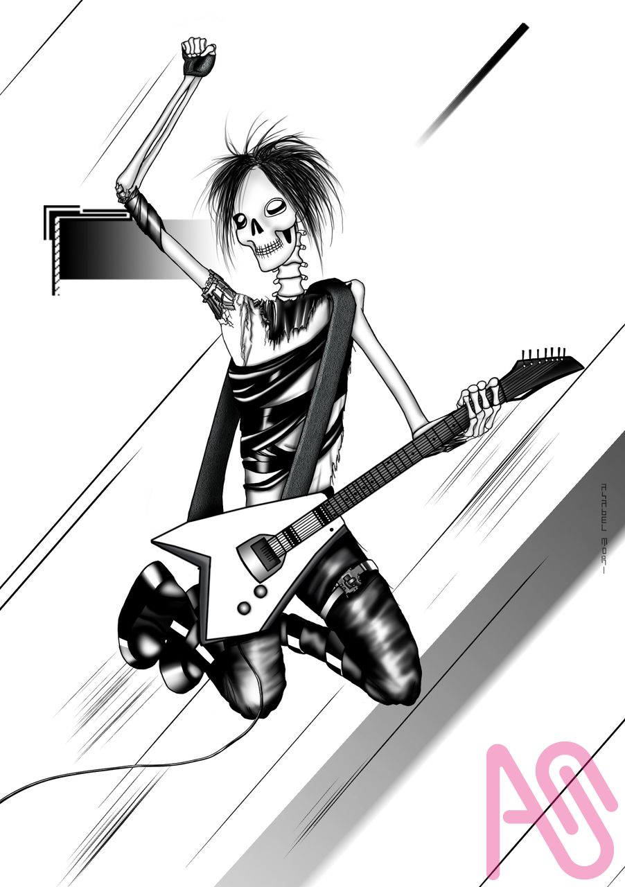 S9-GD3 Illust of asabelmori art character bones cyberpunk skeleton guitar cyber guitarist guitarplayer asabelmori