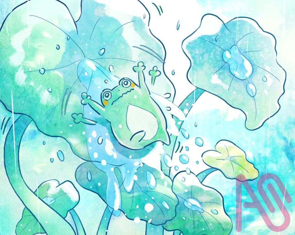 ウォータースライダーのカエル Illust of anliang oc rain water Frog 葉っぱ サトイモ