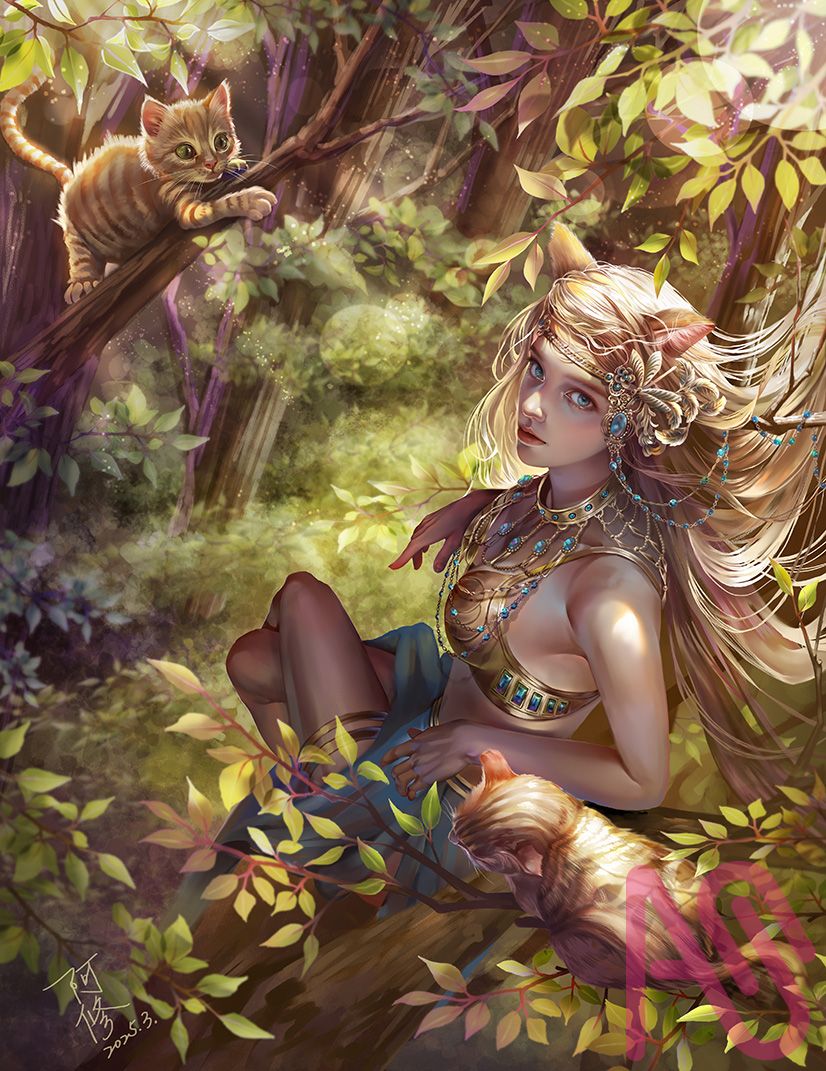 林中貓憩 Illust of dreamingfire forest cat girl 奇幻 精靈 貓女 休息 憩