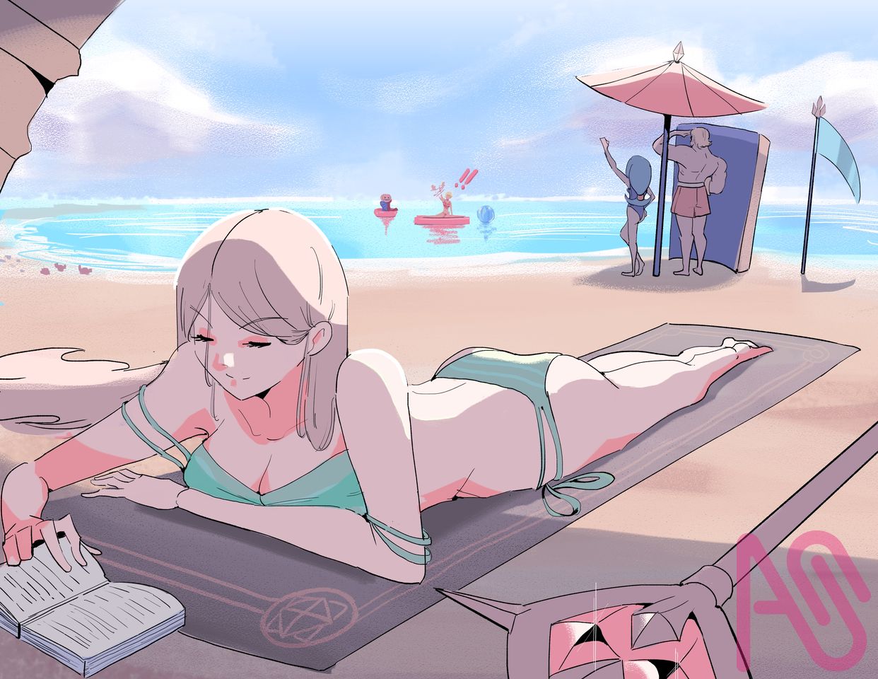A Royal Summer Illust of Golden Aries girl summer oc book sea bikini swimsuit beach sand dissonant