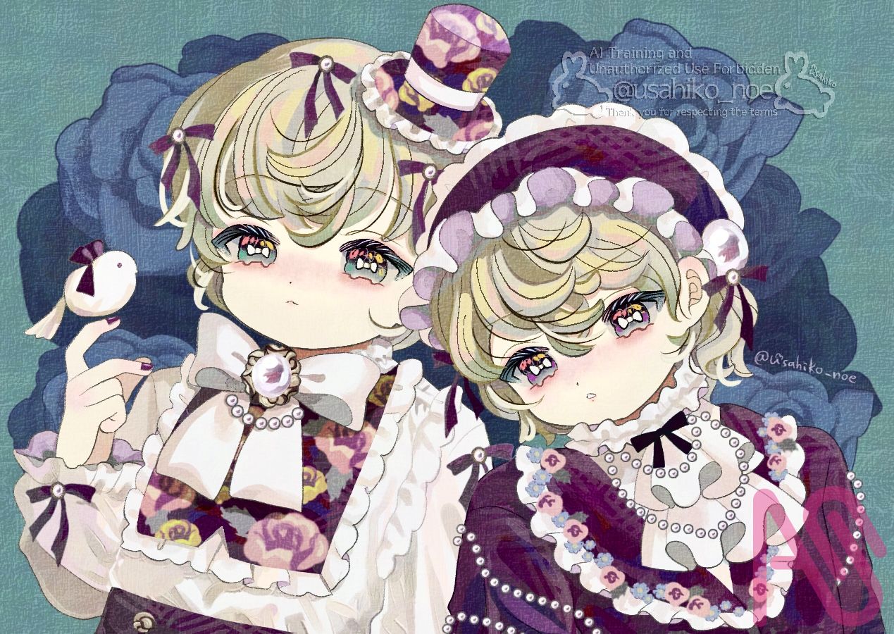 Twin boys Illust of 兎彦(usahiko) 双子 birds illustration original blonde boy oc characterdesign 創作イラスト