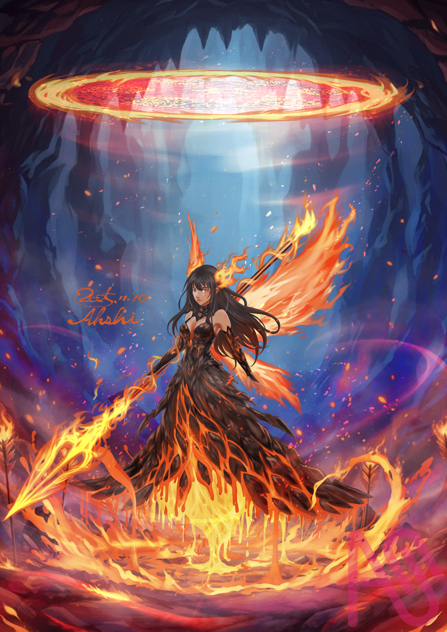 火の巫女 Illust of あっしぃ 一次創作 エフェクト impasto CLIPSTUDIOPAINT oc dress fire ファンタジーキャラ 熱の表現