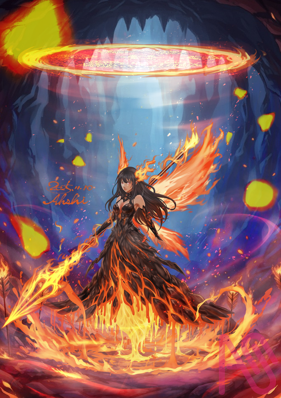 火の巫女 Illust of あっしぃ 一次創作 エフェクト impasto CLIPSTUDIOPAINT oc dress fire ファンタジーキャラ 熱の表現