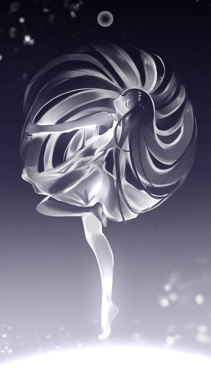 月と踊る Illust of 夢羽　結 Personification girl moon illustration doodle original oc monochrome skirt 透明感
