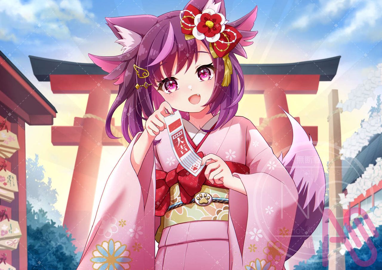 Commission[155]　吠鳴ワーグ様／年賀状イラスト Illust of Yui Mirano@WhiteBearYM kimono girl sky 正月 commission purple animal_ears newyear longhair virtual_YouTuber