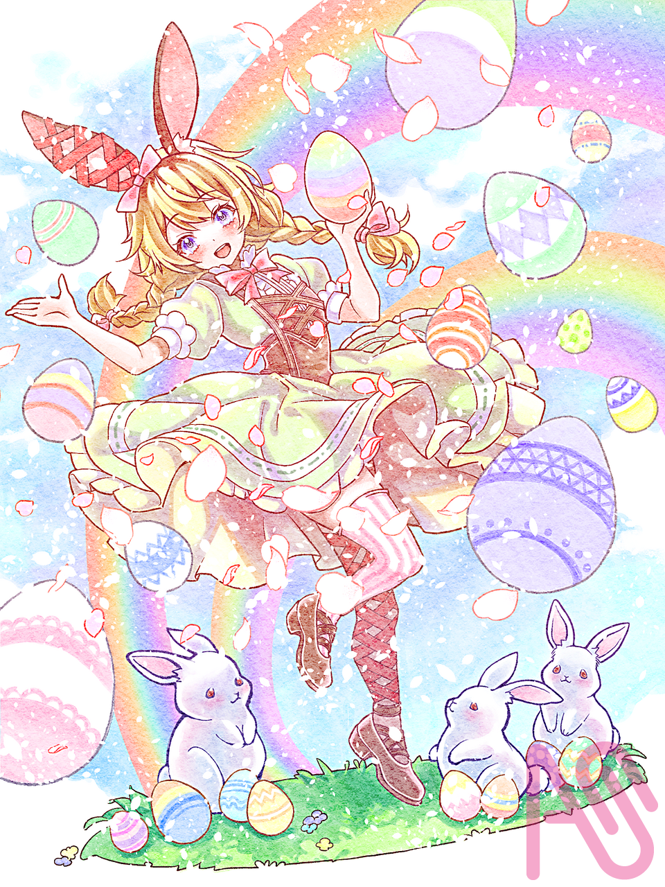 イースター2025 Illust of nami 一次創作 girl rabbit 三つ編み original blonde rainbow イースター