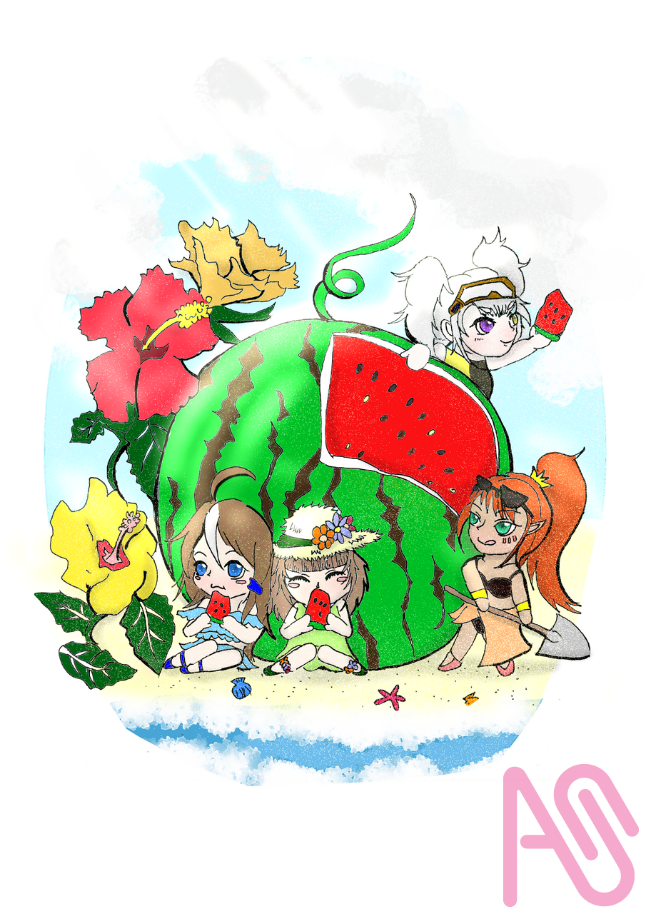 西瓜と4賢者 Illust of sigesan HUIONIllustrationContest2025 girl summer original ちびキャラ スイカ デジタル着彩