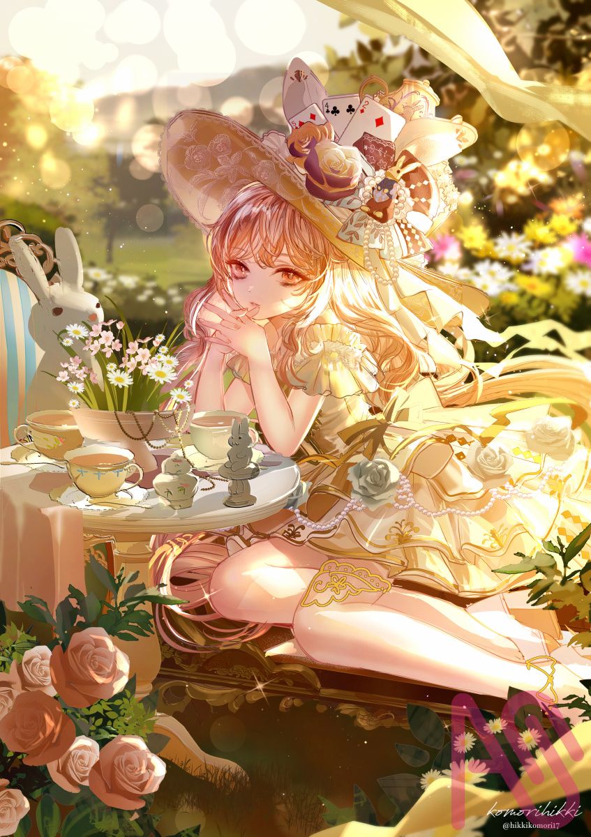初夏のお茶会魔女～アリス魔女のティータイム～ Illust of こもりひっき🦋初書籍★メルヘンファンタジー衣装アイデアbook witch girl rabbit illustration original digital oc kawaii background Alice