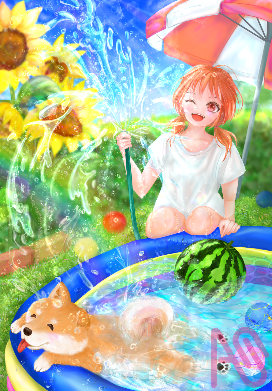 冷やしワンコ♡ Illust of あやち 〜ayachi〜 HUIONIllustrationContest2025 girl dog summer illustration プール kawaii rainbow 水しぶき