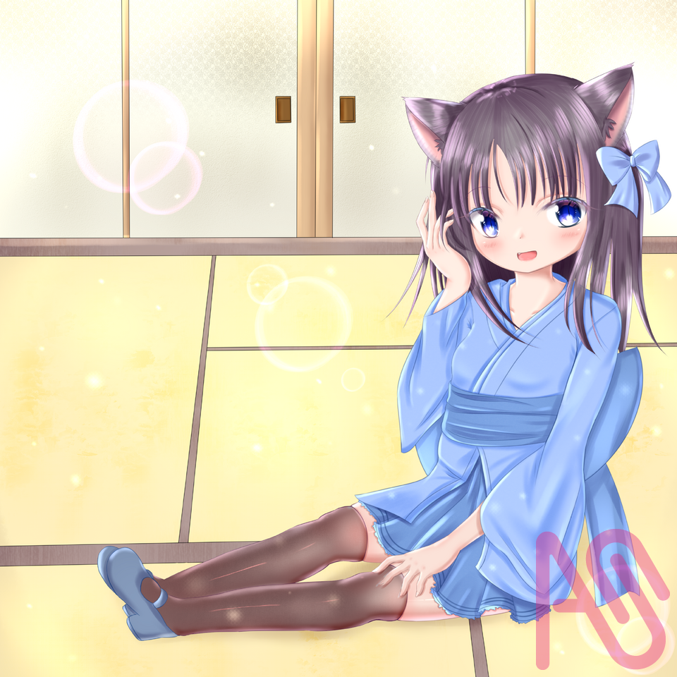 ちるは Illust of 路邊的野猫 kimono girl fanart cute kawaii animal_ears 過去絵 blackhair 藤原ここあ先生 絵柄が好みって人にフォローされたい