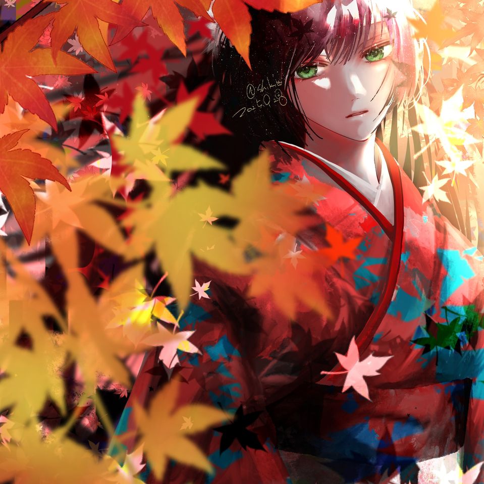 迷走 Illust of Shiki kimono girl female illustration art red 練習絵 animal_ears autumn 代理