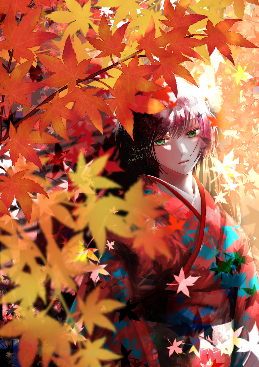 迷走 Illust of Shiki kimono girl female illustration art red 練習絵 animal_ears autumn 代理