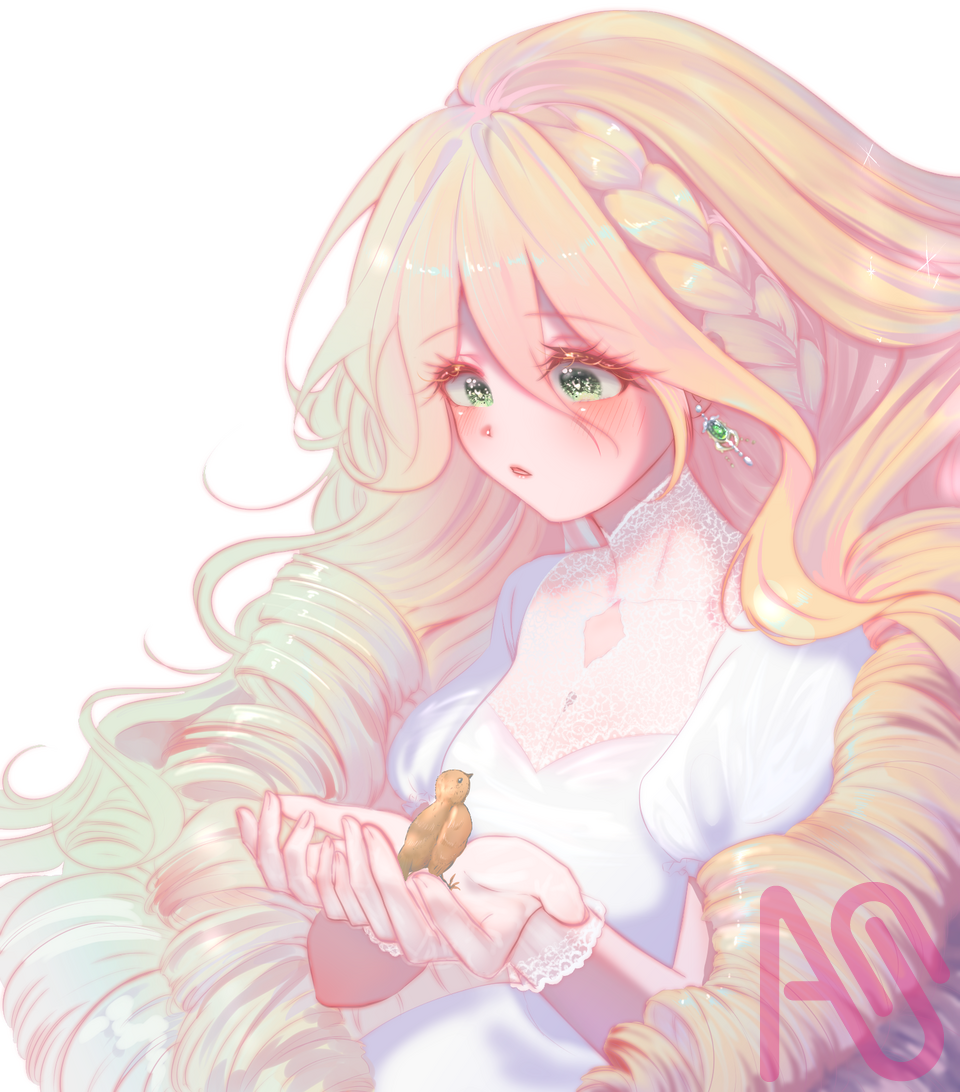 Illust of わか painting girl birds illustration woman blonde oc dress green longhair