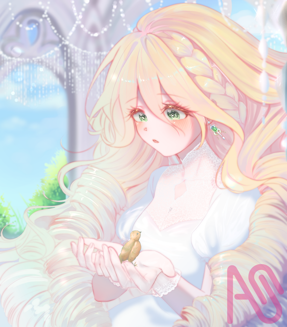 Illust of わか painting girl birds illustration woman blonde oc dress green longhair