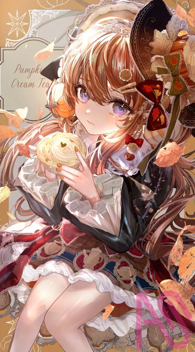 秋のパンプキンクリームティーコーデ🎃 Illust of こもりひっき🦋初書籍★メルヘンファンタジー衣装アイデアbook girl illustration original fashion digital oc かぼちゃ autumn ribbon skirt