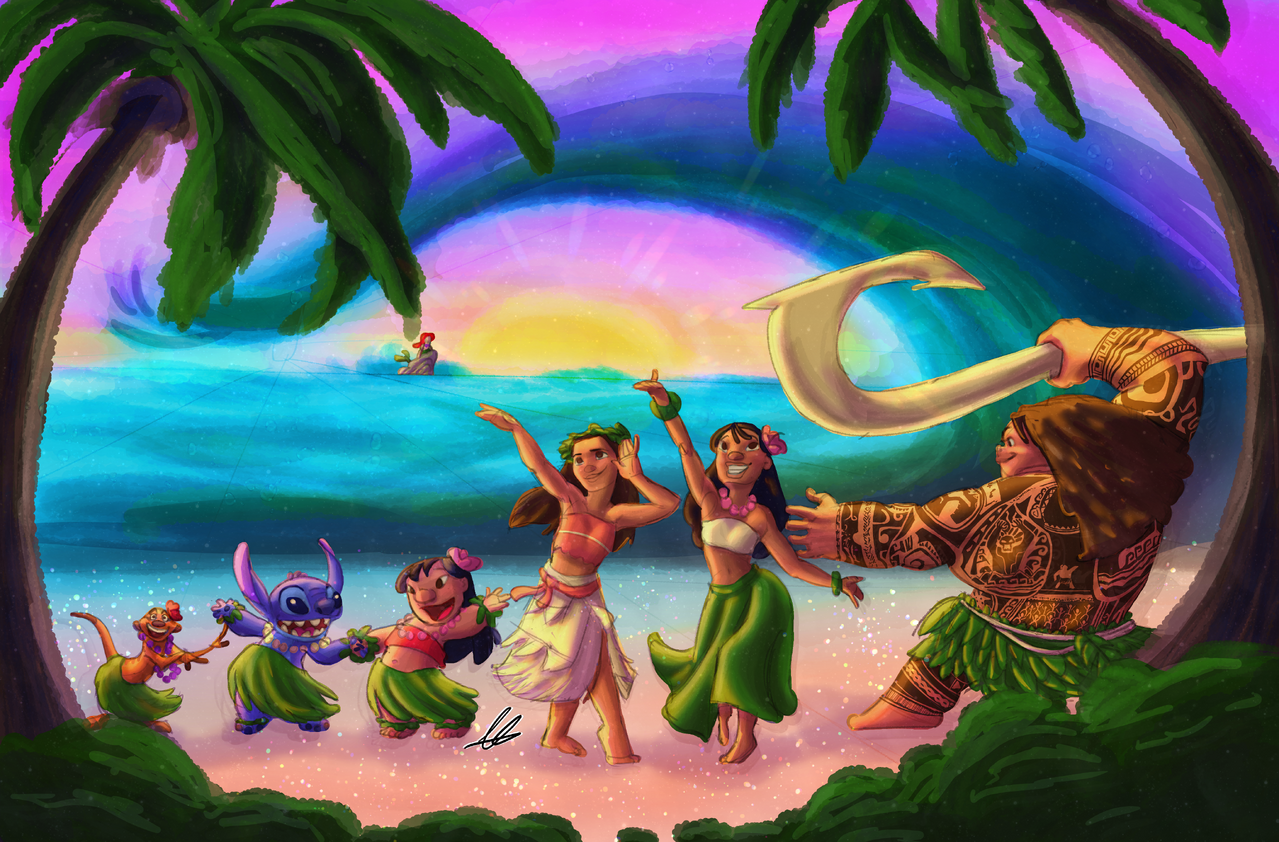 Disney Hula: By Little_Spacy Illust of LittleSpacy HUIONIllustrationContest2025 painting fanart summer drawing art medibangpaint digital Disney beach Hula