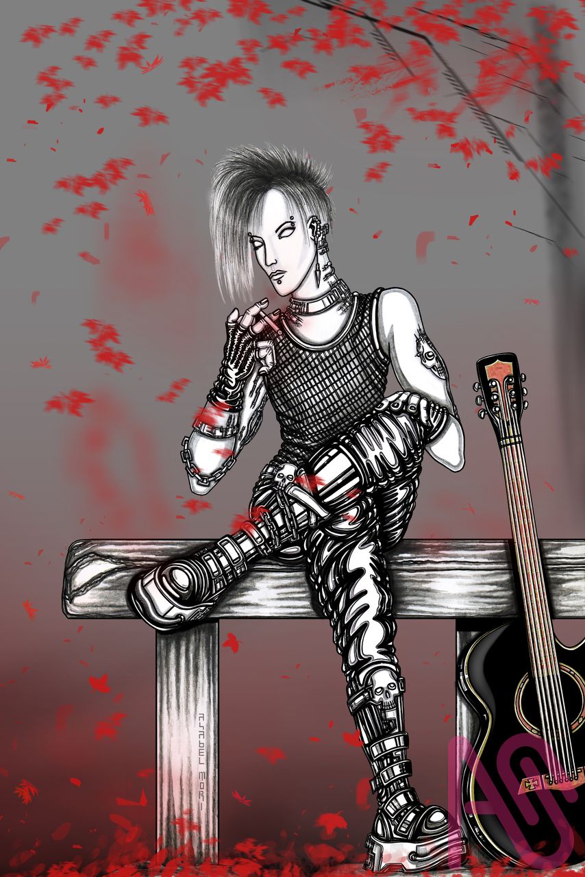 4U-7MN Illust of asabelmori art character red portrait leaves autumn guitar guitarist asabelmori redleaves
